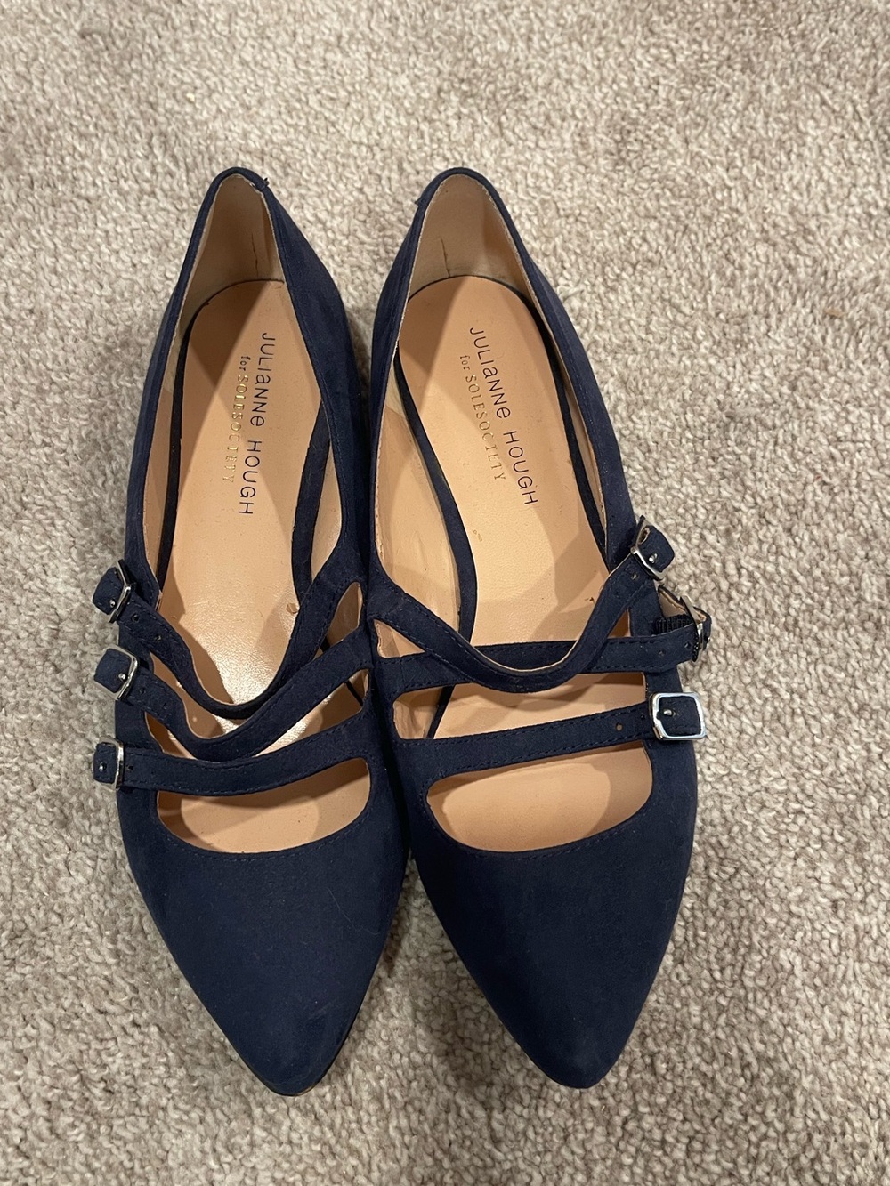 Sole Society Navy Suede Pointed Triple-Strap Flats